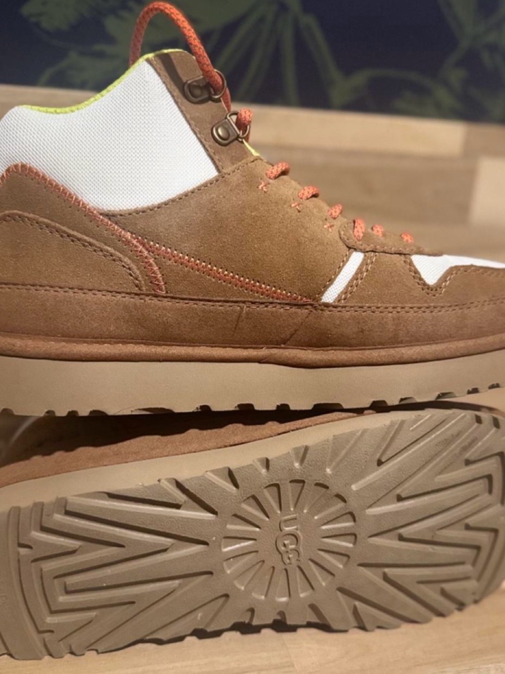 UGG Woman’s Tasman brown and White Suede Trail Sneaker with Orange Laces